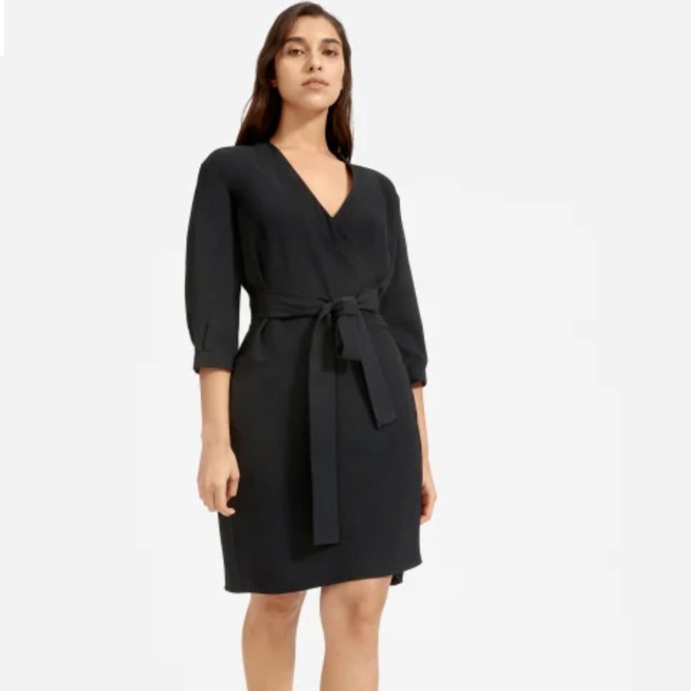 Everlane The Japanese GoWeave Long-Sleeve Mini Wrap Dress in Black